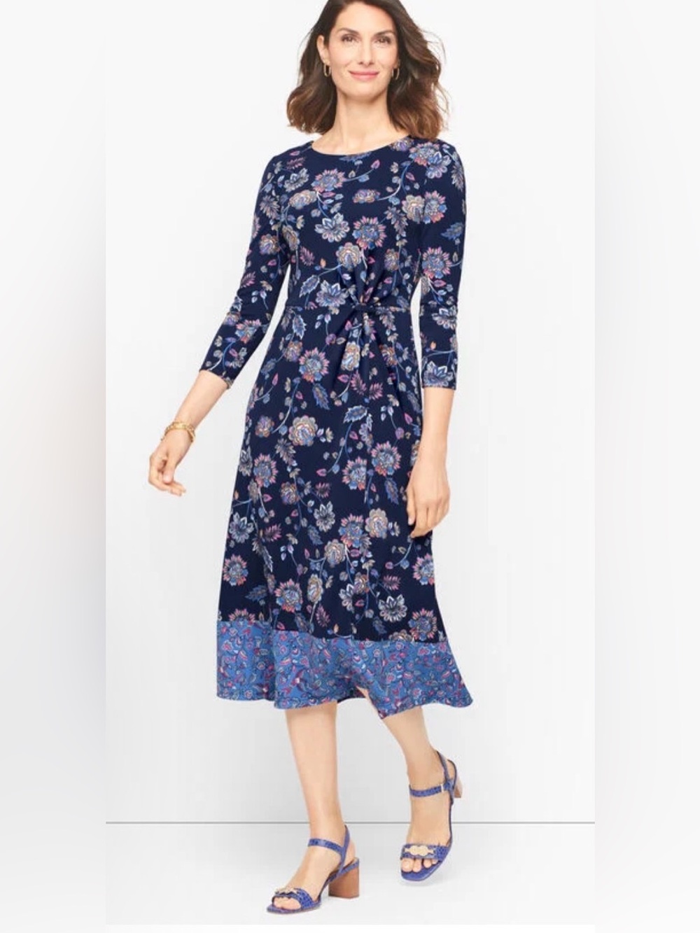 Talbots Floral Midi Dress Sz 14w Petite Twist Waist Stretch Modest